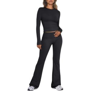 imageTrendy Queen Lounge Sets For Women 2 Piece Outfits Long Sleeve Shirts and Fold Over Yoga Pants Two Piece Workout SetsBlack