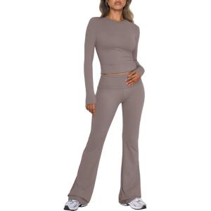 imageTrendy Queen Lounge Sets For Women 2 Piece Outfits Long Sleeve Shirts and Fold Over Yoga Pants Two Piece Workout SetsCoffee Grey