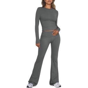 imageTrendy Queen Lounge Sets For Women 2 Piece Outfits Long Sleeve Shirts and Fold Over Yoga Pants Two Piece Workout SetsDark Grey