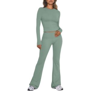 imageTrendy Queen Lounge Sets For Women 2 Piece Outfits Long Sleeve Shirts and Fold Over Yoga Pants Two Piece Workout SetsGrass Green