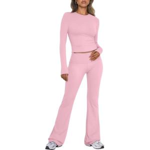 imageTrendy Queen Lounge Sets For Women 2 Piece Outfits Long Sleeve Shirts and Fold Over Yoga Pants Two Piece Workout SetsPink