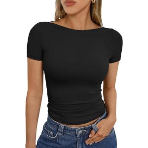 imageTrendy Queen Womens Boat Neck Tops Short Sleeve TShirts Slim Fitted Compression Summer Y2k Basic Clothes 2025Black