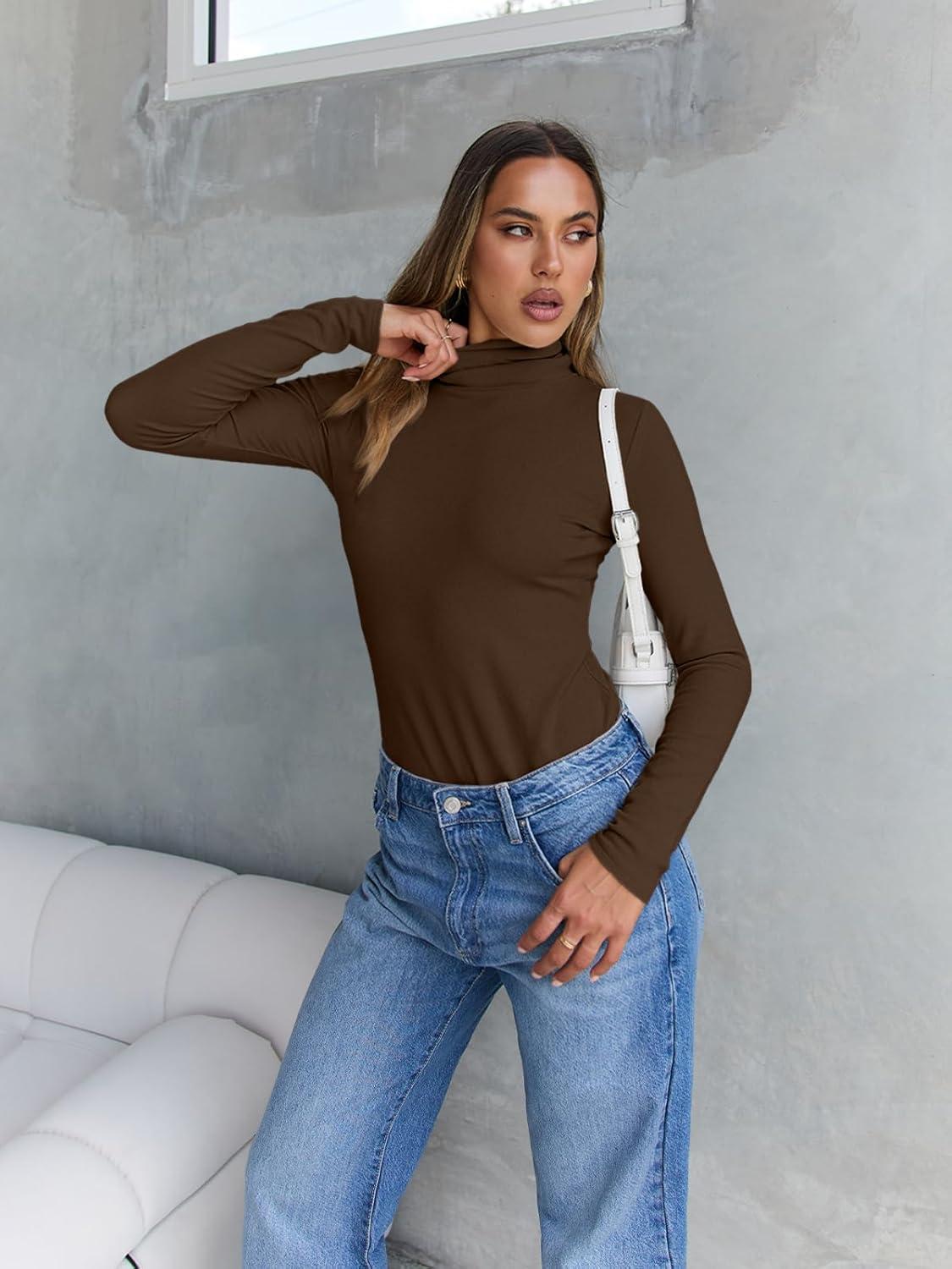 imageTrendy Queen Womens Turtleneck Long Sleeve Shirts Fall Fashion Basic Thermal Underwear Tops Winter Clothes 2025Chocolate Brown