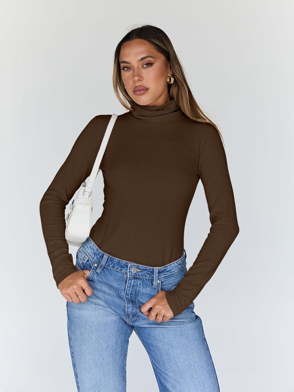 imageTrendy Queen Womens Turtleneck Long Sleeve Shirts Fall Fashion Basic Thermal Underwear Tops Winter Clothes 2025Chocolate Brown