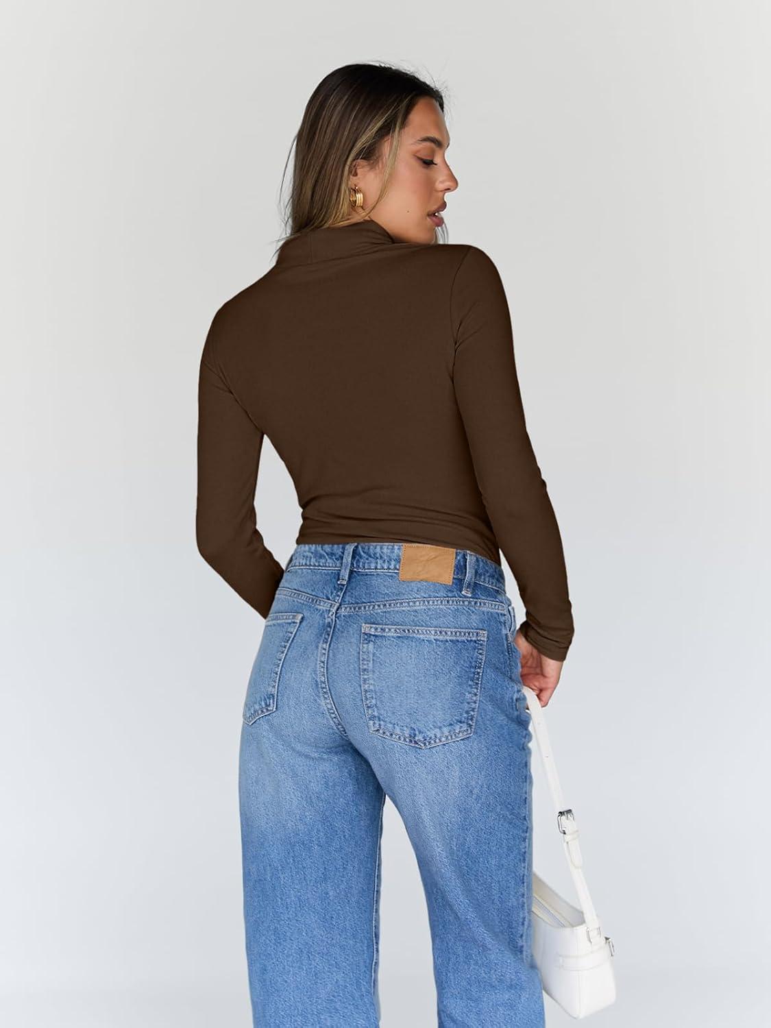 imageTrendy Queen Womens Turtleneck Long Sleeve Shirts Fall Fashion Basic Thermal Underwear Tops Winter Clothes 2025Chocolate Brown