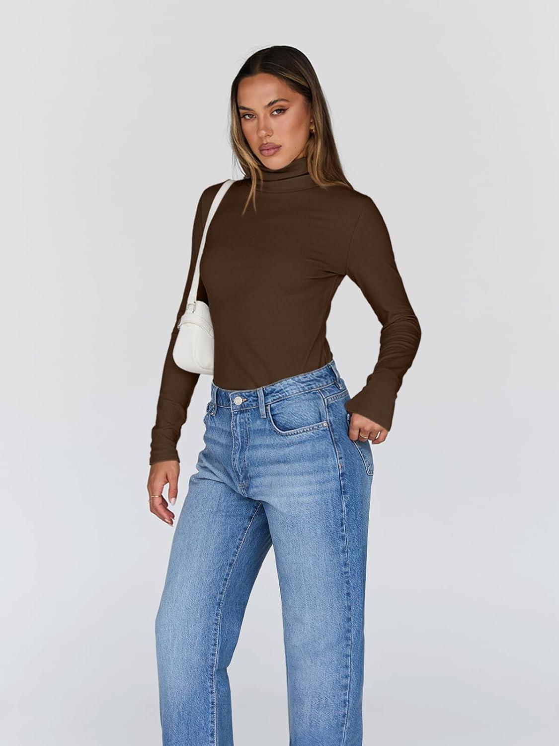 imageTrendy Queen Womens Turtleneck Long Sleeve Shirts Fall Fashion Basic Thermal Underwear Tops Winter Clothes 2025Chocolate Brown