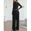 imageTrendy Queen 2 Piece Matching Lounge Sets for Women Fall Fashion 2025 Two Piece Outfits Henley Crop Tops Wide Leg PantsBlack