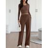 imageTrendy Queen 2 Piece Matching Lounge Sets for Women Fall Fashion 2025 Two Piece Outfits Henley Crop Tops Wide Leg PantsCoffee Brown