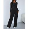 imageTrendy Queen Womens 2 Piece Matching Lounge Sets Long Sleeve Henley Neck Slightly Crop Top Wide Leg Pants Casual Sweat SuitBlack