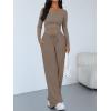 imageTrendy Queen Womens 2 Piece Matching Lounge Sets Long Sleeve Henley Neck Slightly Crop Top Wide Leg Pants Casual Sweat SuitMocha