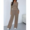 imageTrendy Queen Womens 2 Piece Matching Lounge Sets Long Sleeve Henley Neck Slightly Crop Top Wide Leg Pants Casual Sweat SuitMocha