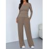 imageTrendy Queen Womens 2 Piece Matching Lounge Sets Long Sleeve Henley Neck Slightly Crop Top Wide Leg Pants Casual Sweat SuitMocha