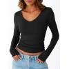imageTrendy Queen Womens Double Lined V Neck Long Sleeve Shirt 2025 Fall Fitted Crop Top Going Out Basic Tee Fashion ClothingBlack