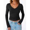 imageTrendy Queen Womens Double Lined V Neck Long Sleeve Shirt 2025 Fall Fitted Crop Top Going Out Basic Tee Fashion ClothingBlack