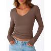 imageTrendy Queen Womens Double Lined V Neck Long Sleeve Shirt 2025 Fall Fitted Crop Top Going Out Basic Tee Fashion ClothingCoffee Grey