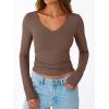 imageTrendy Queen Womens Double Lined V Neck Long Sleeve Shirt 2025 Fall Fitted Crop Top Going Out Basic Tee Fashion ClothingCoffee Grey