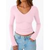 imageTrendy Queen Womens Double Lined V Neck Long Sleeve Shirt 2025 Fall Fitted Crop Top Going Out Basic Tee Fashion ClothingPink