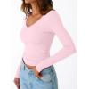 imageTrendy Queen Womens Double Lined V Neck Long Sleeve Shirt 2025 Fall Fitted Crop Top Going Out Basic Tee Fashion ClothingPink