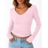 imageTrendy Queen Womens Double Lined V Neck Long Sleeve Shirt 2025 Fall Fitted Crop Top Going Out Basic Tee Fashion ClothingPink