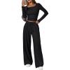 imageTrendy Queen 2 Piece Matching Lounge Sets for Women Fall Fashion 2025 Two Piece Outfits Henley Crop Tops Wide Leg PantsBlack