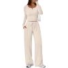 imageTrendy Queen Womens 2 Piece Matching Lounge Sets Long Sleeve Henley Neck Slightly Crop Top Wide Leg Pants Casual Sweat SuitBeige