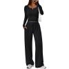imageTrendy Queen Womens 2 Piece Matching Lounge Sets Long Sleeve Henley Neck Slightly Crop Top Wide Leg Pants Casual Sweat SuitBlack