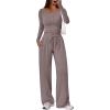 imageTrendy Queen Womens 2 Piece Matching Lounge Sets Long Sleeve Henley Neck Slightly Crop Top Wide Leg Pants Casual Sweat SuitRose Taupe