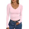 imageTrendy Queen Womens Double Lined V Neck Long Sleeve Shirt 2025 Fall Fitted Crop Top Going Out Basic Tee Fashion ClothingPink