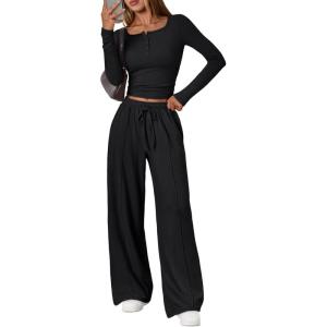 imageTrendy Queen 2 Piece Matching Lounge Sets for Women Fall Fashion 2025 Two Piece Outfits Henley Crop Tops Wide Leg PantsBlack