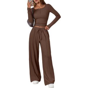 imageTrendy Queen 2 Piece Matching Lounge Sets for Women Fall Fashion 2025 Two Piece Outfits Henley Crop Tops Wide Leg PantsCoffee Brown