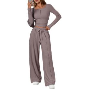 imageTrendy Queen 2 Piece Matching Lounge Sets for Women Fall Fashion 2025 Two Piece Outfits Henley Crop Tops Wide Leg PantsRose Taupe