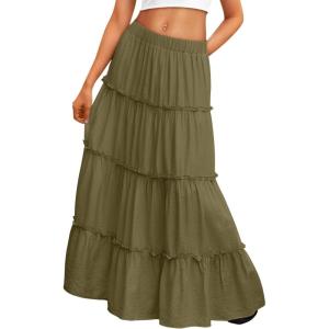 imageTrendy Queen Long Skirts for Women Boho Maxi Skirt Summer Swing Tiered ALine Elastic High Waist Dress with Pockets FashionArmygreen