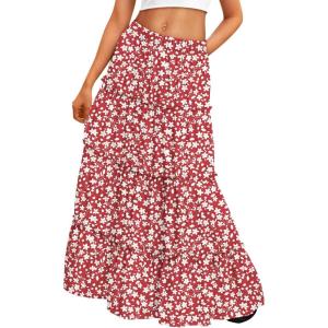 imageTrendy Queen Long Skirts for Women Boho Maxi Skirt Summer Swing Tiered ALine Elastic High Waist Dress with Pockets FashionRed Flower