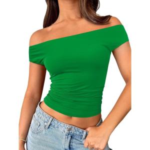 imageTrendy Queen Off The Shoulder Tops for Women Going Out Y2K Summer Cute Shirts Sexy 2025 Double Lined Spring Club OutfitsGreen