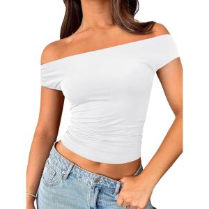 imageTrendy Queen Off The Shoulder Tops for Women Going Out Y2K Summer Cute Shirts Sexy 2025 Double Lined Spring Club OutfitsWhite