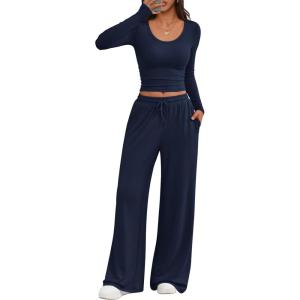 imageTrendy Queen Women 2 Piece Matching Lounge Sets Clothing Comfiest Wide Leg Pants 2025 Y2K Sweatsuits Fall Airport OutfitNavy