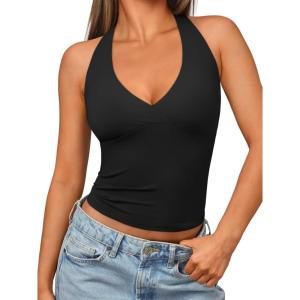 imageTrendy Queen Women Halter Tops Going Out Deep V Neck Summer 2025 Sleeveless Blackless Sexy Cute Crop Fashion ClothesBlack