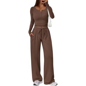imageTrendy Queen Womens 2 Piece Matching Lounge Sets Long Sleeve Henley Neck Slightly Crop Top Wide Leg Pants Casual Sweat SuitCocoa