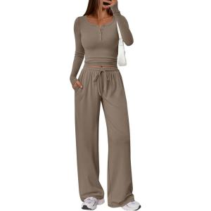 imageTrendy Queen Womens 2 Piece Matching Lounge Sets Long Sleeve Henley Neck Slightly Crop Top Wide Leg Pants Casual Sweat SuitMocha