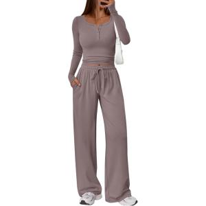 imageTrendy Queen Womens 2 Piece Matching Lounge Sets Long Sleeve Henley Neck Slightly Crop Top Wide Leg Pants Casual Sweat SuitRose Taupe