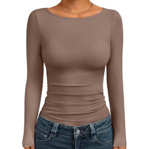 imageTrendy Queen Womens Boat Neck Tops Long Sleeve Shirts Casual Fitted Tee Shirts Solid Color Fall Basic Clothes 2025Coffeegray