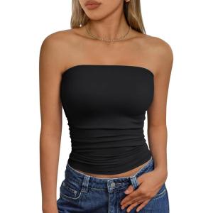 imageTrendy Queen Womens Cute Summer Tube Tops Going Out Strapless Ruched Backless Sleeveless Bandeau Y2k Clothes 2025Black