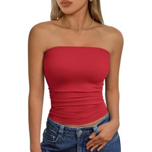 imageTrendy Queen Womens Cute Summer Tube Tops Going Out Strapless Ruched Backless Sleeveless Bandeau Y2k Clothes 2025Red