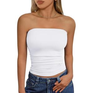 imageTrendy Queen Womens Cute Summer Tube Tops Going Out Strapless Ruched Backless Sleeveless Bandeau Y2k Clothes 2025White