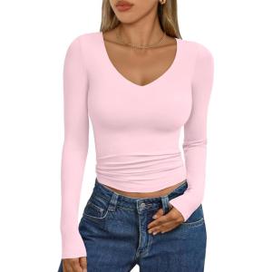 imageTrendy Queen Womens Double Lined V Neck Long Sleeve Shirt 2025 Fall Fitted Crop Top Going Out Basic Tee Fashion ClothingPink