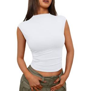 imageTrendy Queen Womens Going Out Basic Tank Tops Mock Neck Spring Clothes Sleeveless Cute Shirts Summer Y2K Sexy Outfits 2025White