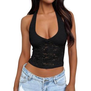 imageTrendy Queen Womens Going Out Tops Lace VNeck Sleeveless Double Lined Halter Y2K Sexy Crop Fashion Tank Top 2025Black