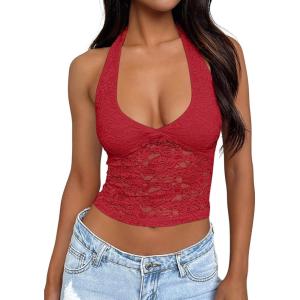 imageTrendy Queen Womens Going Out Tops Lace VNeck Sleeveless Double Lined Halter Y2K Sexy Crop Fashion Tank Top 2025Red
