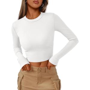 imageTrendy Queen Womens Long Sleeve Crop Tops Basic Ribbed Slim Fitted Shirts Casual Fall Fashion Y2k Teen Girl ClothesWhite