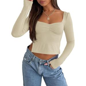imageTrendy Queen Womens Long Sleeve Going Out Crop Tops Sweetheart Neck Cute Y2k T Shirts Side Slit TeesApricot